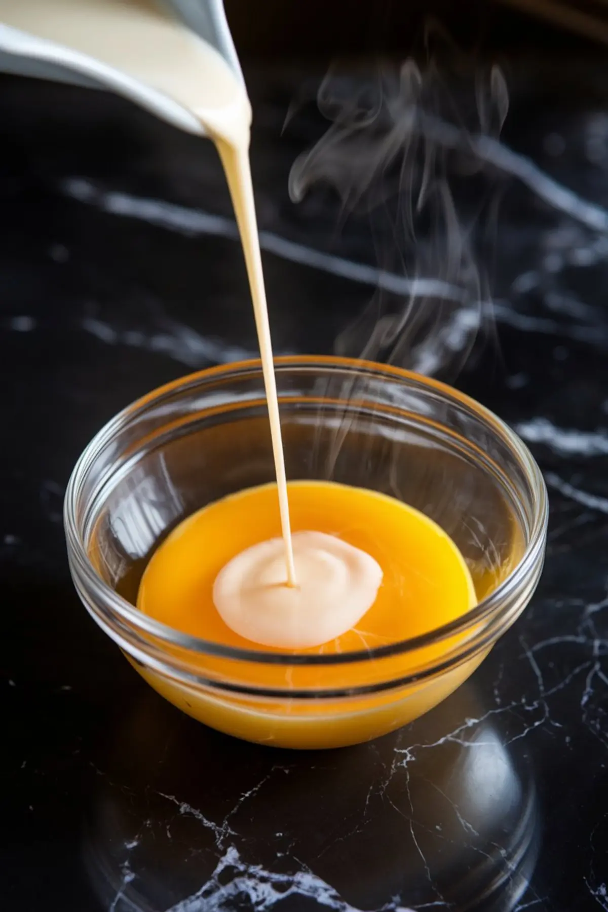 A close-up of steaming hot cream being poured into a bowl of vibrant yellow egg yolk mixture. The glass bowl sits on a black marble countertop, highlighting the rich colors and silky texture of the ingredients.