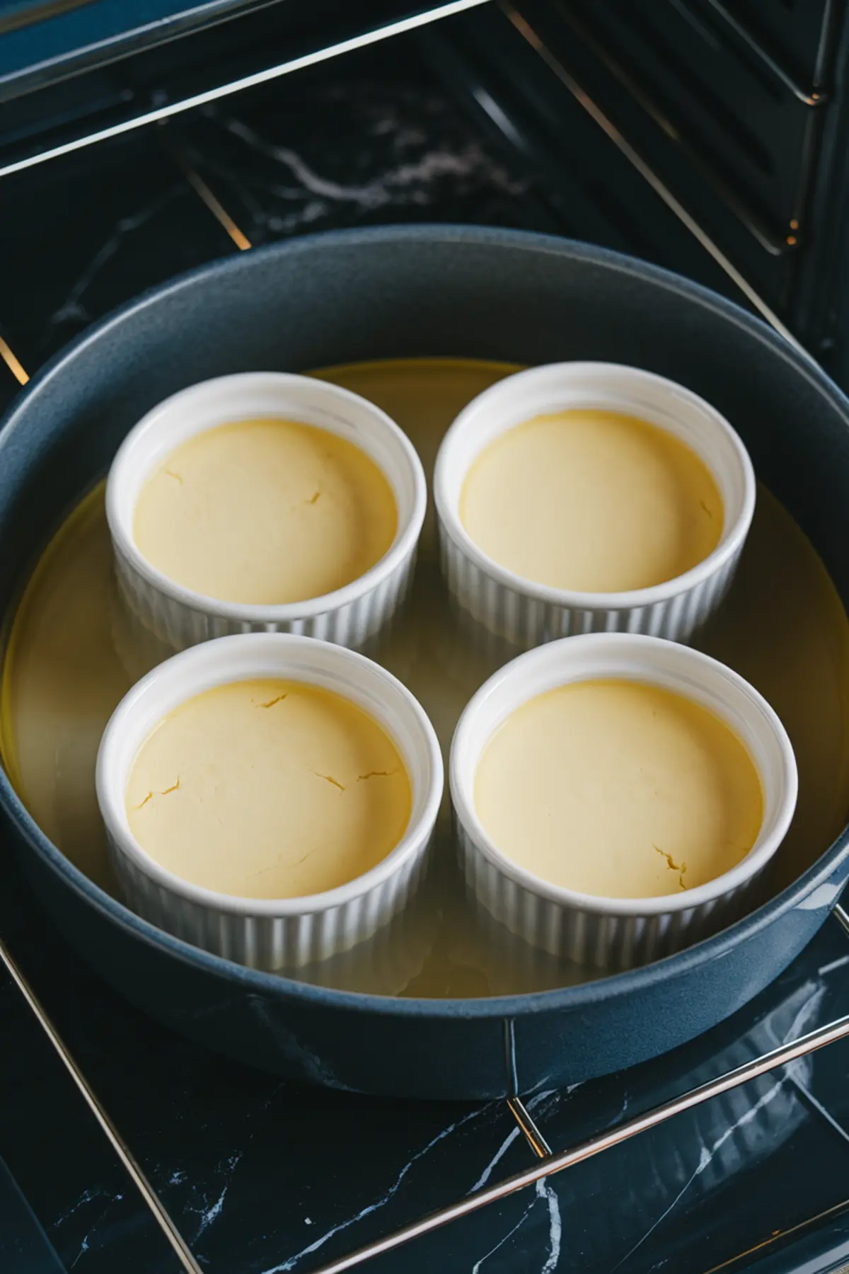 A baking setup with four white ramekins filled with smooth custard, placed in a water bath inside an oven. The baking dish ensures even cooking for a silky crème brûlée texture. The dark marble background contrasts with the pale custard.