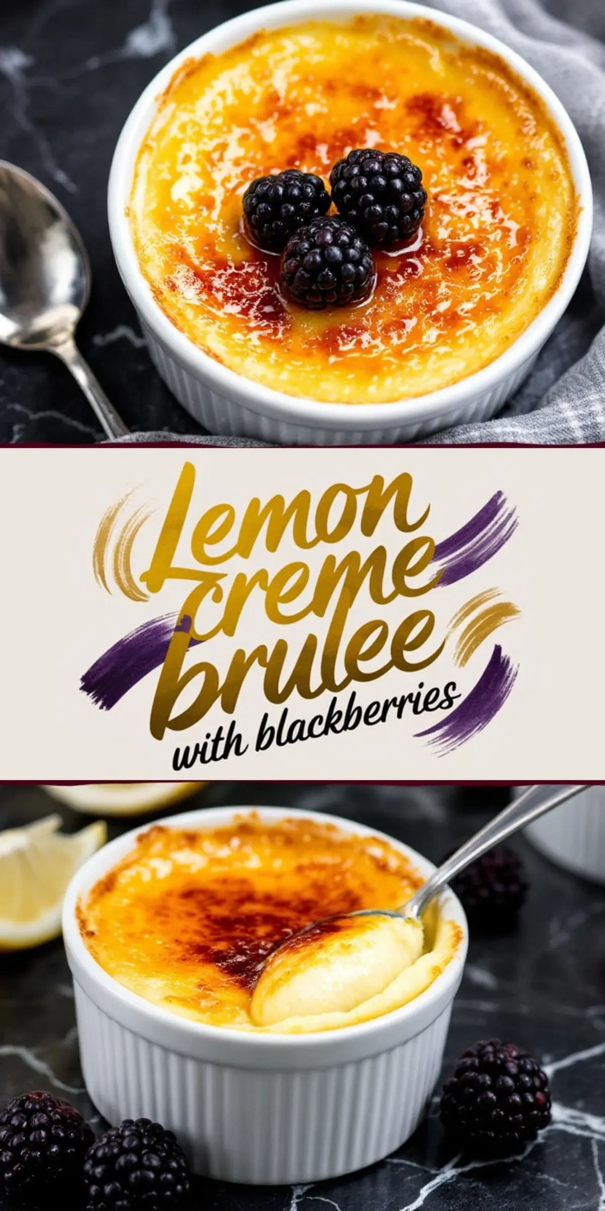 A collage featuring two views of lemon crème brûlée with blackberries. The top image shows a caramelized sugar crust topped with fresh blackberries in a white ramekin. The bottom image displays a spoon scooping the creamy custard, revealing its smooth texture. A decorative text banner in the center reads “Lemon Crème Brûlée with Blackberries.” The background is a dark marble surface.