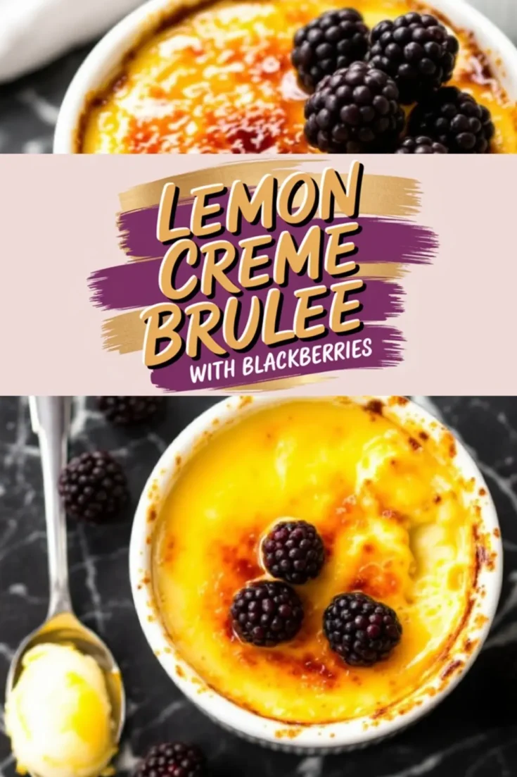 A collage featuring two views of lemon crème brûlée with blackberries. The top image showcases a ramekin with a golden caramelized sugar crust, topped with three fresh blackberries. The bottom image highlights a spoon lifting a creamy bite from the custard. A decorative text overlay in the center reads “Lemon Crème Brûlée with Blackberries.”