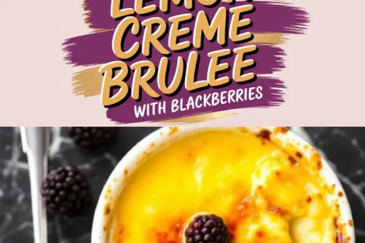 A collage featuring two views of lemon crème brûlée with blackberries. The top image showcases a ramekin with a golden caramelized sugar crust, topped with three fresh blackberries. The bottom image highlights a spoon lifting a creamy bite from the custard. A decorative text overlay in the center reads “Lemon Crème Brûlée with Blackberries.”