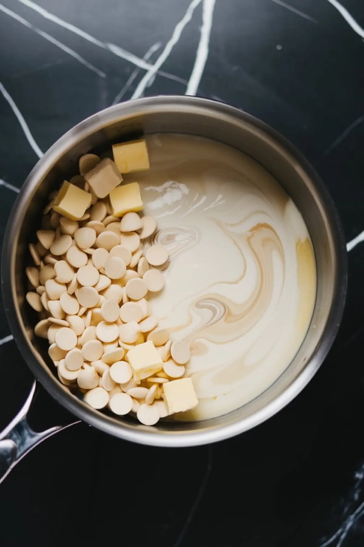 A stainless steel saucepan filled with white chocolate chips, butter cubes, and sweetened condensed milk, beginning to melt together on a black marble countertop. The ingredients swirl together, creating a creamy base for lemon fudge.