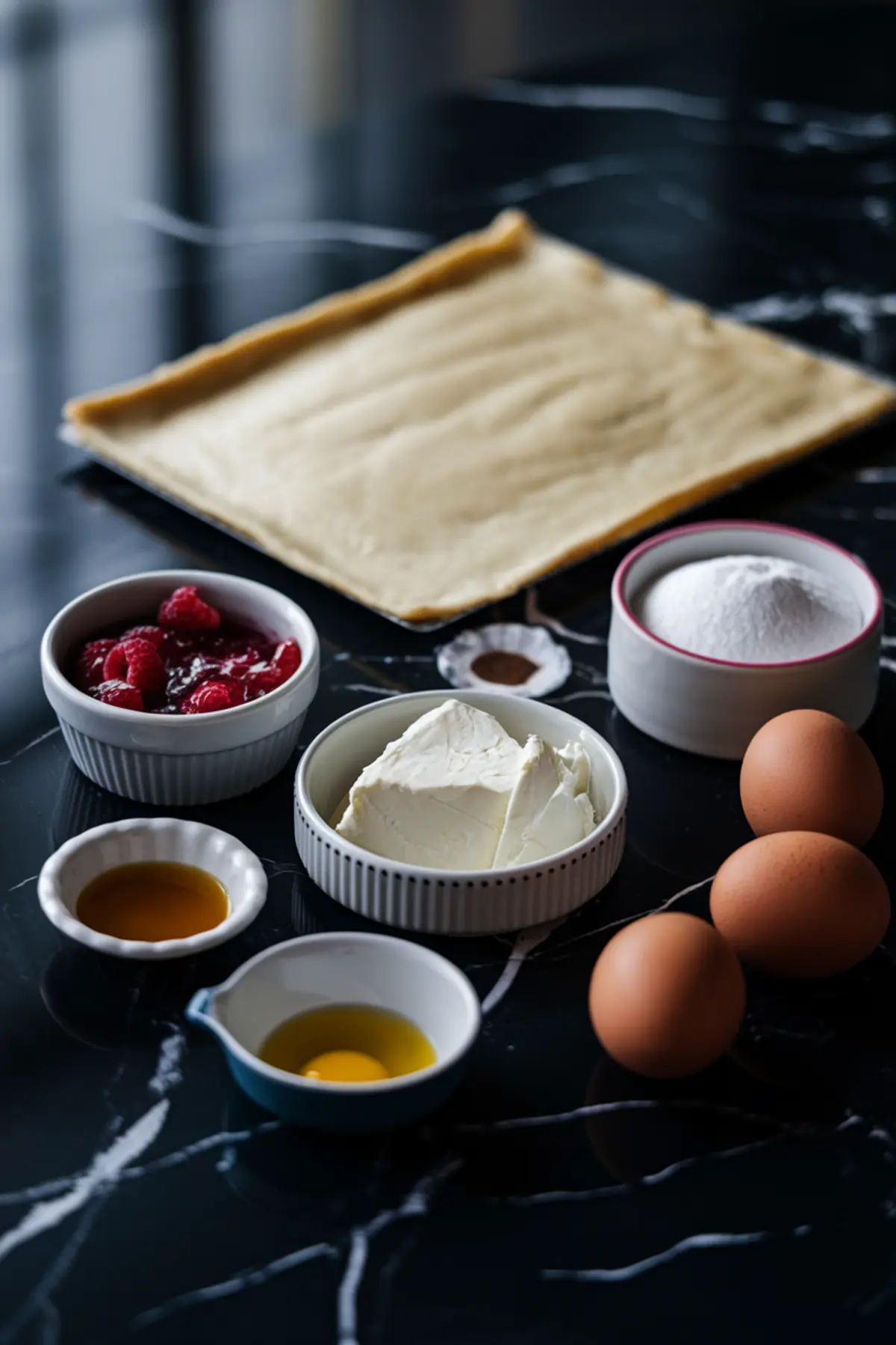 Flat lay of baking ingredients for raspberry cream cheese pastries, featuring puff pastry sheet, cream cheese, eggs, raspberry preserves, vanilla extract, powdered sugar, and cinnamon arranged on a black marble surface.