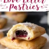 Cream cheese and berry-filled puff pastries on parchment paper, one halved to reveal rich raspberry and cream filling, with festive “Love Letter Pastries” text and scattered heart decorations above.