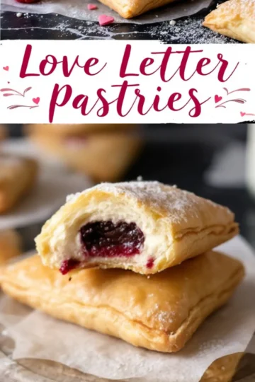Cream cheese and berry-filled puff pastries on parchment paper, one halved to reveal rich raspberry and cream filling, with festive “Love Letter Pastries” text and scattered heart decorations above.