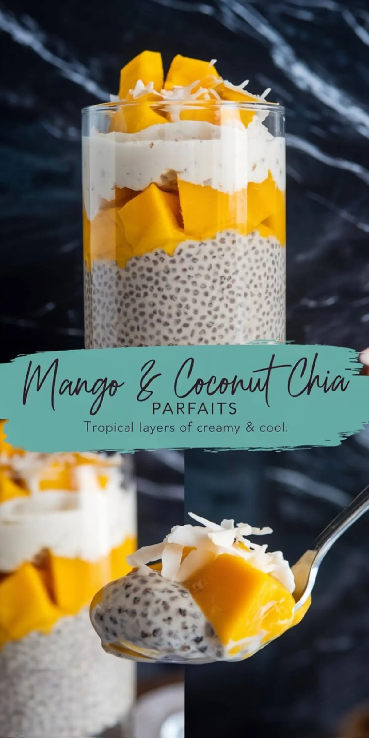 Glass of mango coconut chia pudding parfait topped with fresh mango chunks, shredded coconut, and a mint sprig, set against a black marble background.
