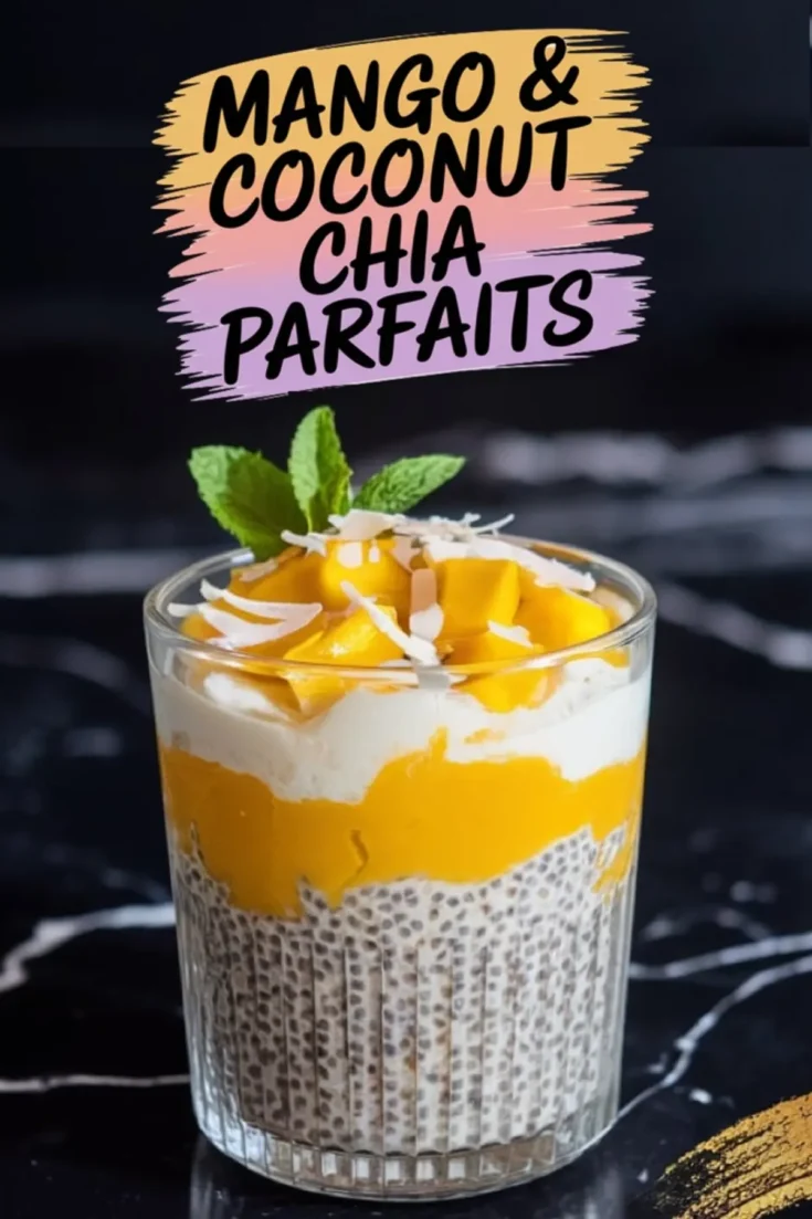 Glass of mango coconut chia pudding parfait topped with fresh mango chunks, shredded coconut, and a mint sprig, set against a black marble background.