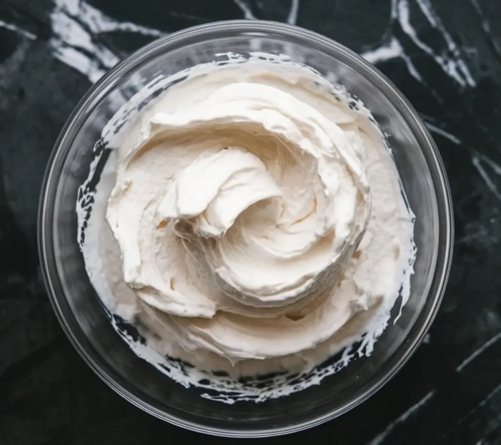Thick swirl of whipped coconut cream in a glass bowl, captured from above on a black marble surface.