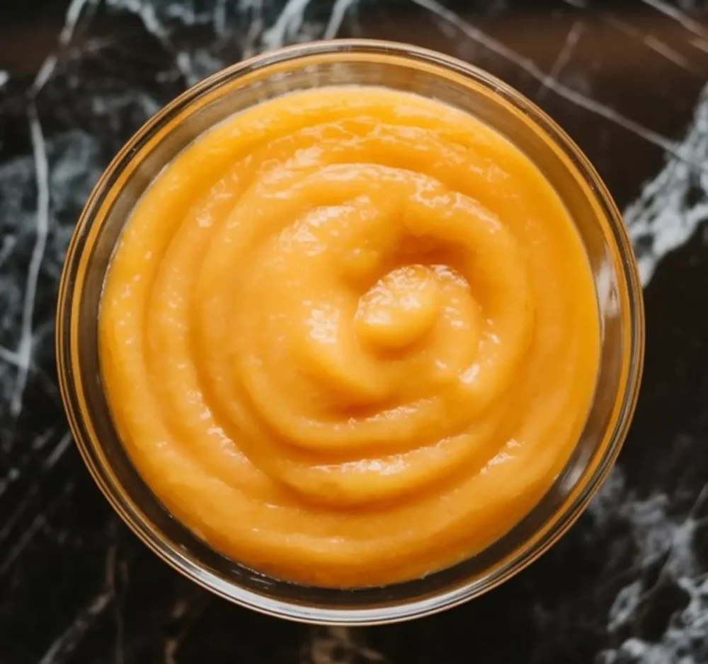 Blended mango puree in a glass bowl, swirled and creamy in texture, placed on a black marble background.