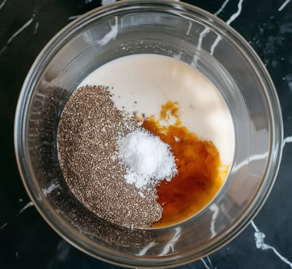 Unmixed ingredients for chia pudding in a bowl, including chia seeds, coconut milk, maple syrup, vanilla extract, and a pinch of salt, displayed before stirring.