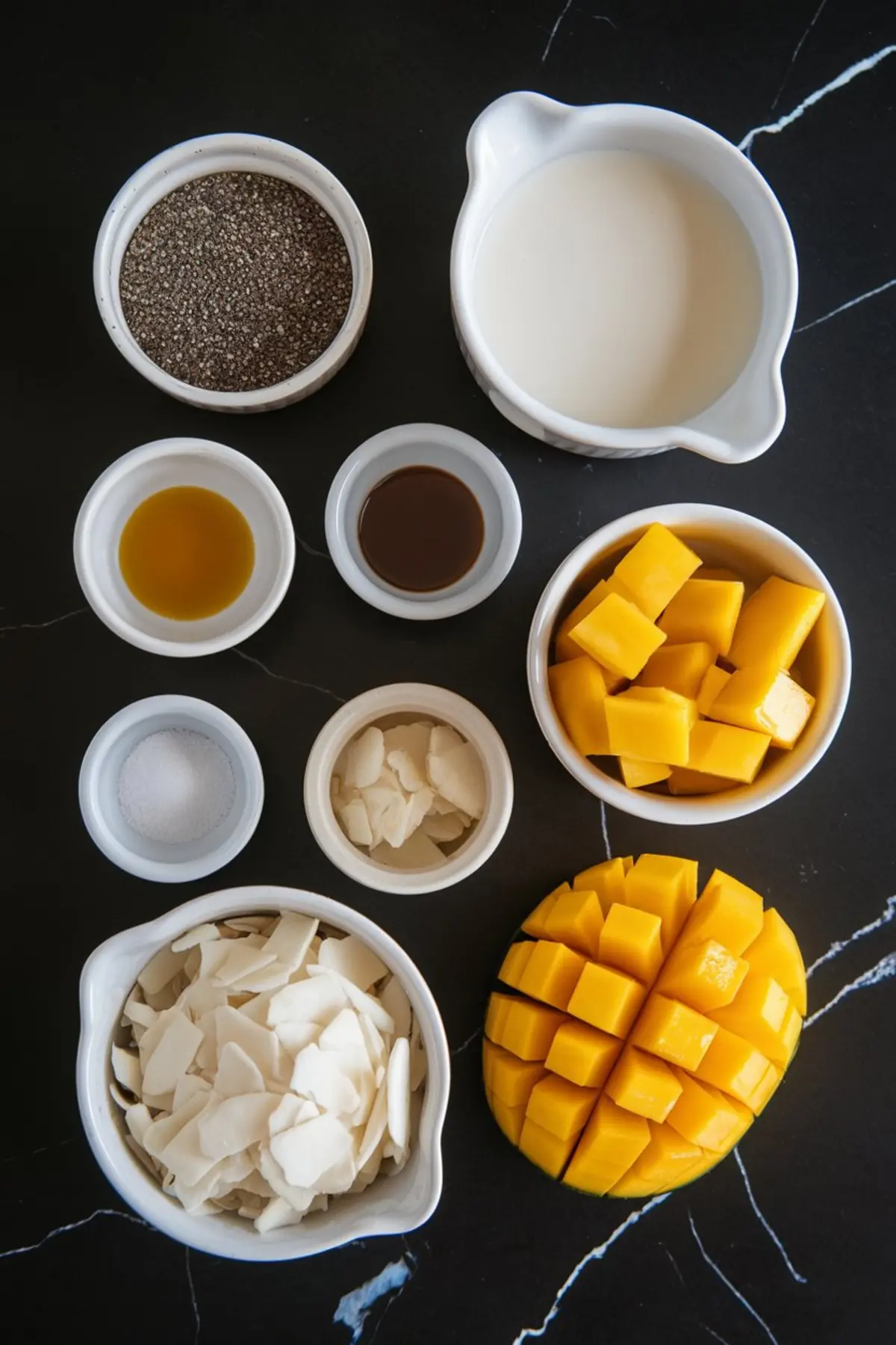 Flat lay of ingredients for mango coconut chia parfait, featuring diced mango, shredded coconut, chia seeds, coconut milk, vanilla, maple syrup, salt, and coconut flakes arranged in small bowls on a dark surface.