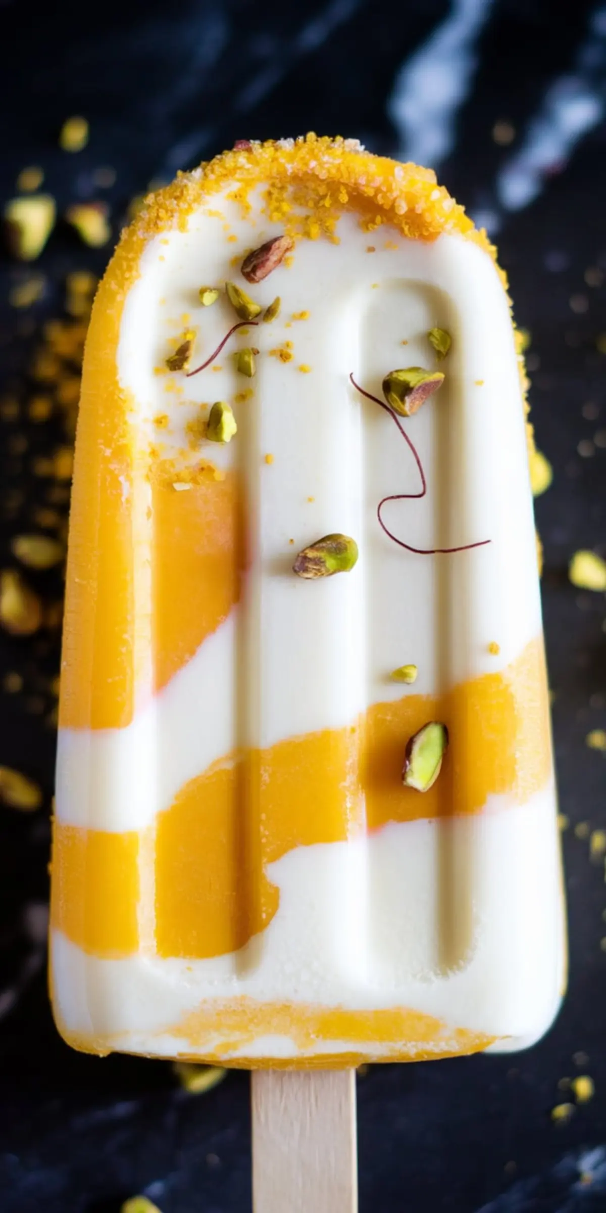 Close-up of a mango lassi popsicle with vibrant yellow and white swirls, topped with crushed pistachios, saffron threads, and a sugar rim on a dark marble background.