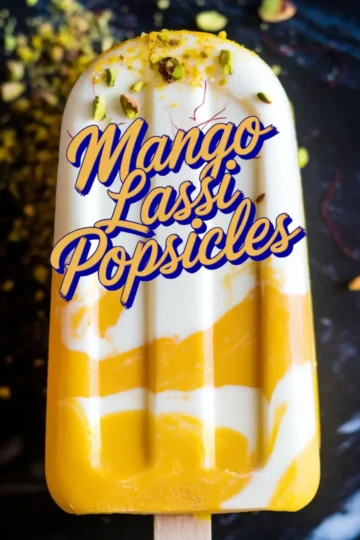Mango lassi popsicle with bright orange and creamy white layers, sprinkled with pistachios and saffron, featuring bold “Mango Lassi Popsicles” text overlay.