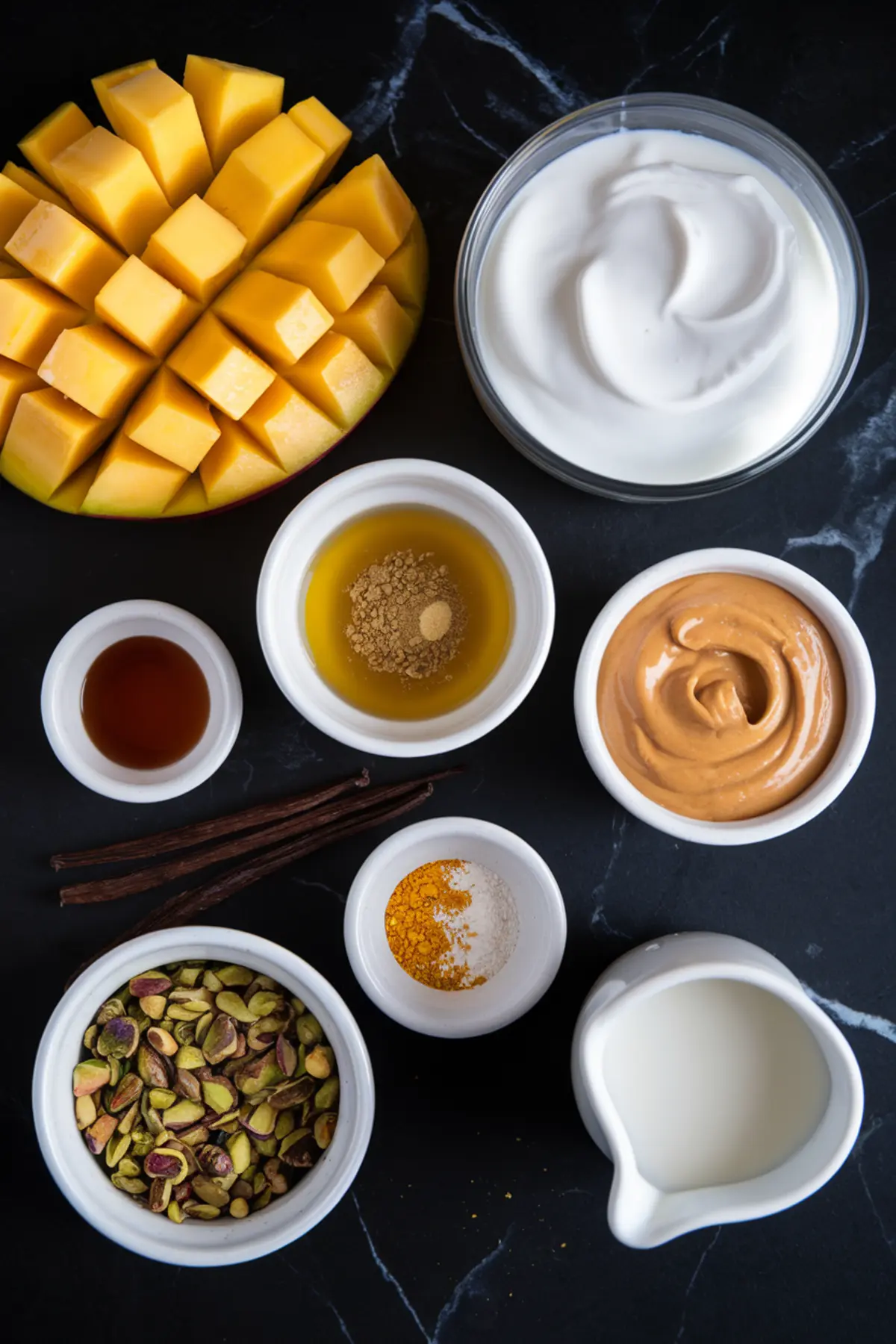 Flat lay of mango lassi popsicle ingredients, including diced mango, yogurt, milk, almond butter, pistachios, honey, vanilla, turmeric, cardamom, and ground ginger in small white bowls.