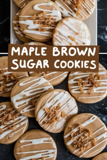 A collage of maple brown sugar cookies stacked on a plate and shown in close-ups. Each cookie is decorated with a smooth maple glaze and white icing, topped with crunchy caramel bits. The text “Maple Brown Sugar Cookies” is prominently displayed in bold brown and white fonts.