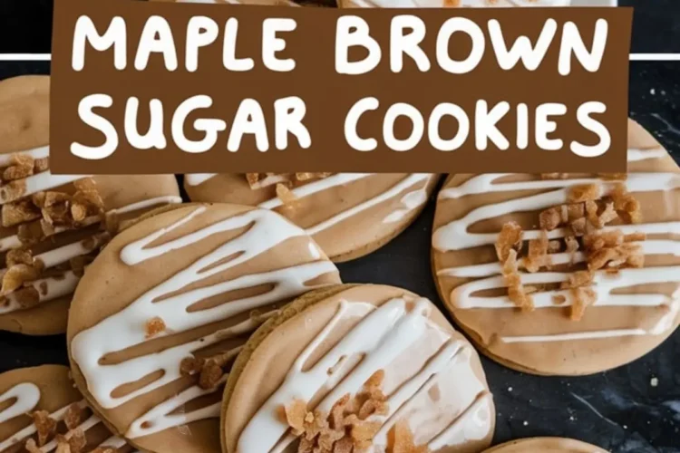 A collage of maple brown sugar cookies stacked on a plate and shown in close-ups. Each cookie is decorated with a smooth maple glaze and white icing, topped with crunchy caramel bits. The text “Maple Brown Sugar Cookies” is prominently displayed in bold brown and white fonts.