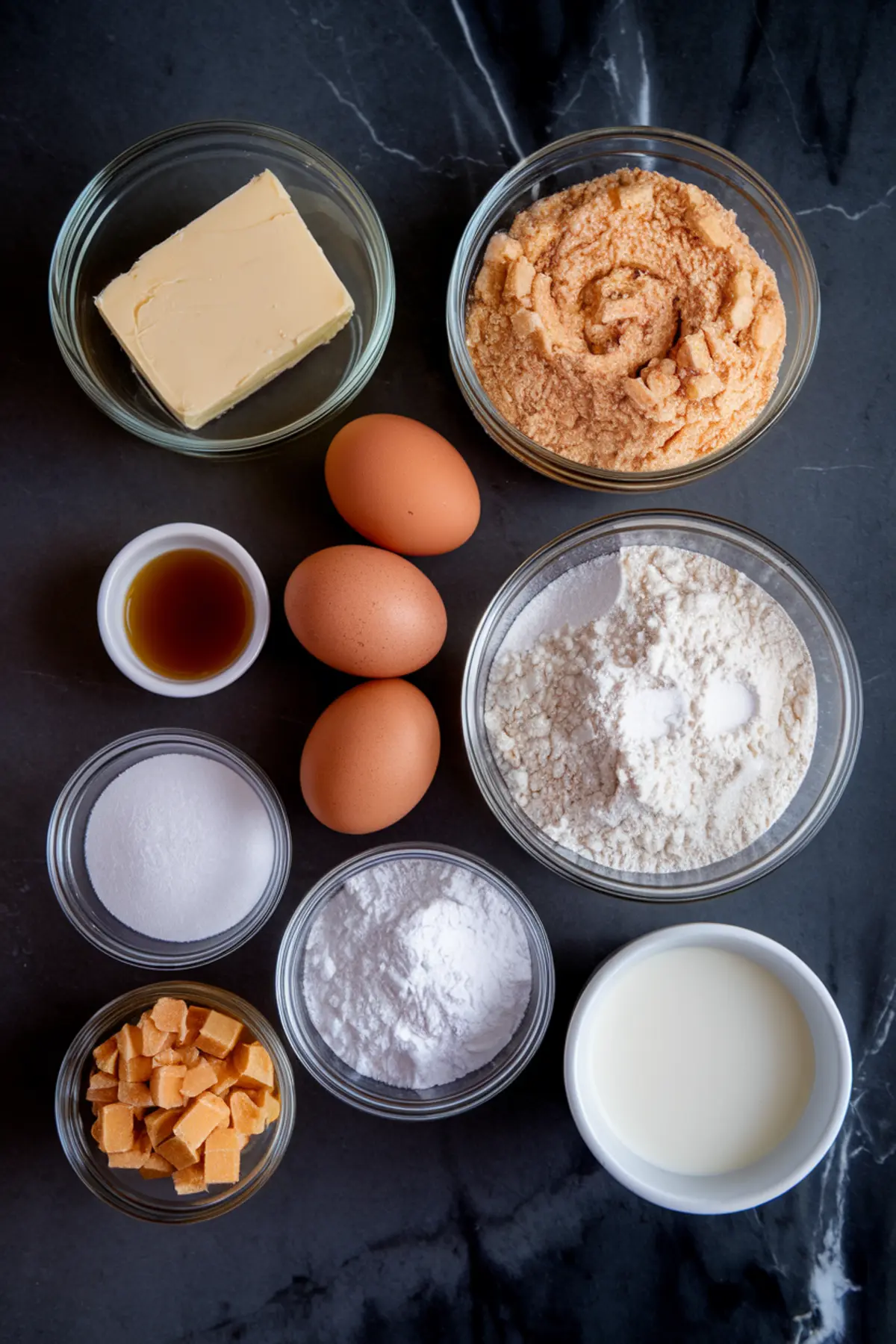 Flat lay of baking ingredients for maple brown sugar cookies arranged in glass bowls on a black marble surface. Includes butter, brown sugar, eggs, vanilla extract, flour, granulated sugar, powdered sugar, milk, and butterscotch chips, perfectly laid out for a baking recipe.