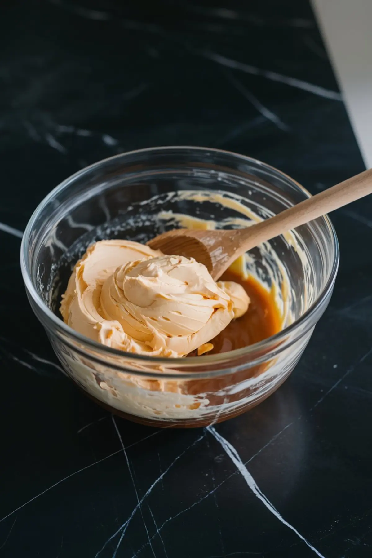 A glass mixing bowl filled with whipped maple frosting, showcasing a smooth and creamy texture, ready for spreading on cookies. A wooden spoon rests inside the bowl, with visible swirls of the light caramel-colored frosting on a dark marble countertop.