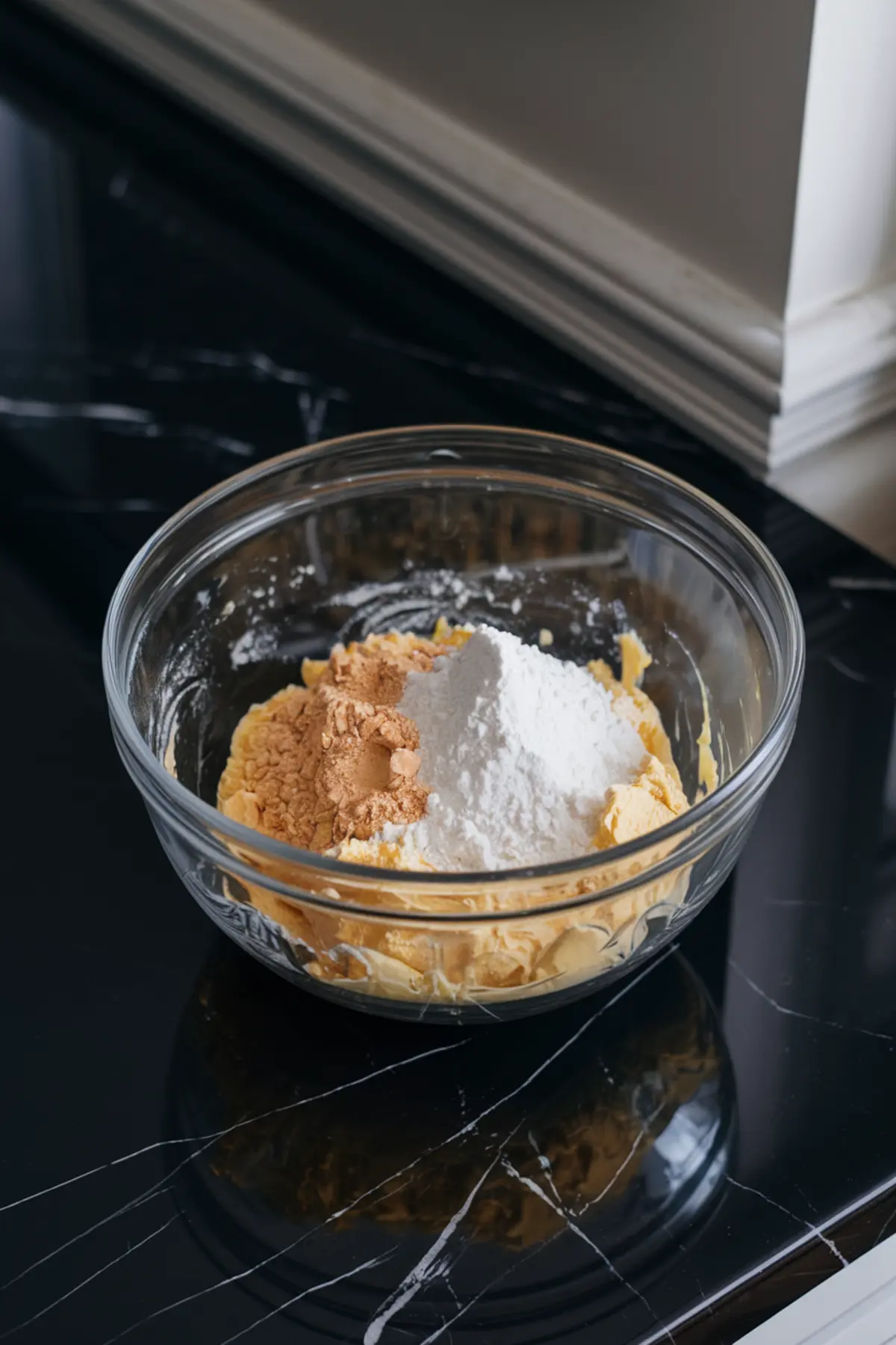A glass bowl containing softened butter, powdered sugar, and brown sugar, ready to be mixed for cookie dough. The ingredients sit unmixed on a dark marble countertop, showing a step in the cookie preparation process.