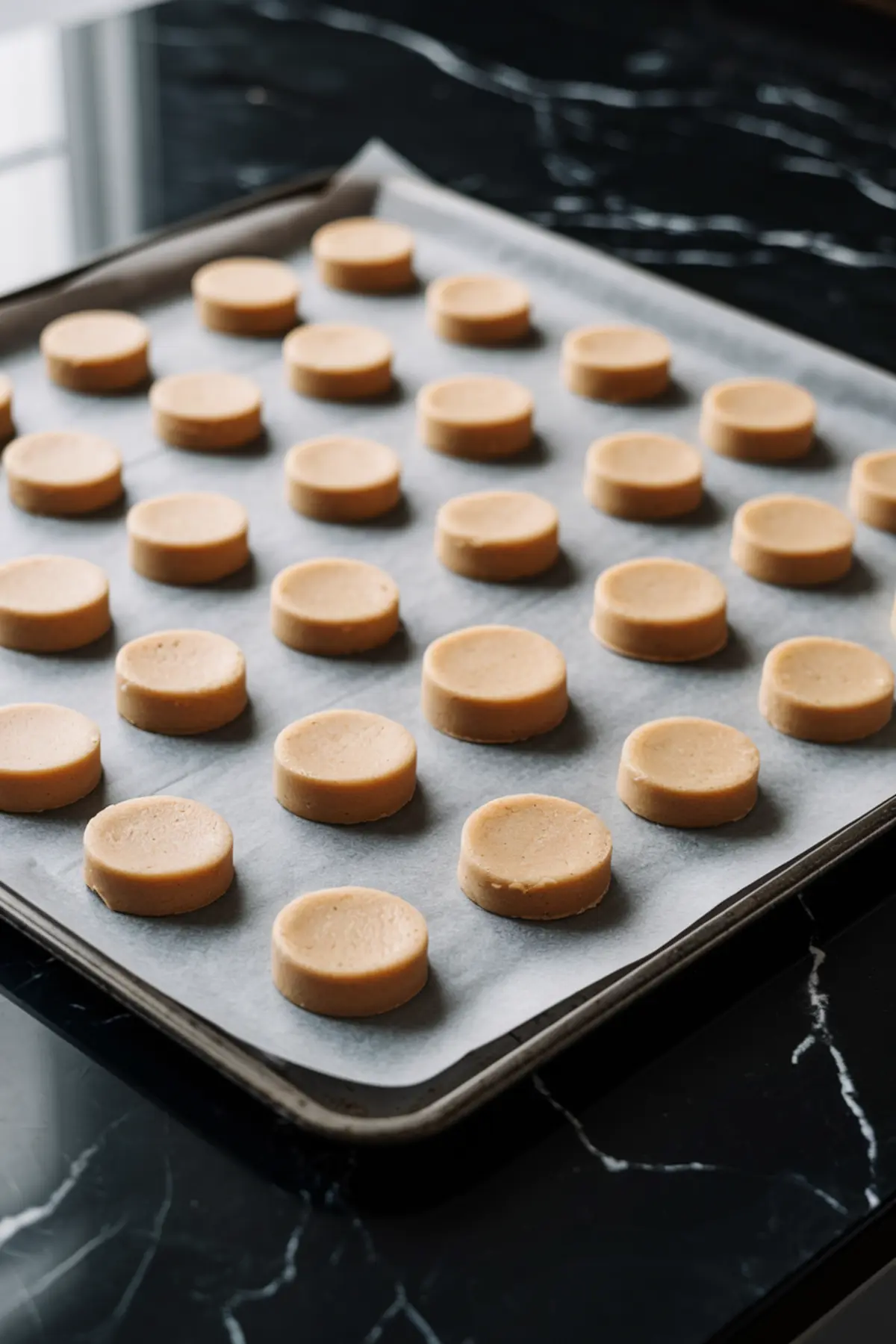 A baking sheet lined with parchment paper holding rows of unbaked maple brown sugar cookie dough rounds. Each dough piece is evenly shaped and spaced on the tray, ready to be baked, with a smooth light brown color.
