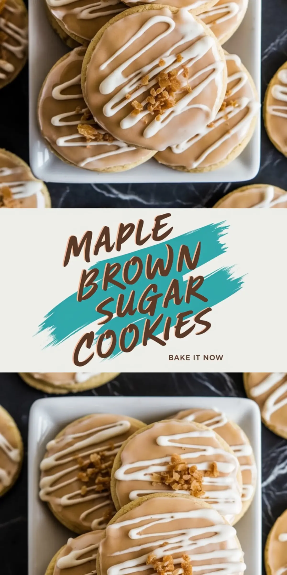 A collage featuring maple brown sugar cookies topped with maple glaze, white icing drizzle, and brown sugar crumbles. Close-up shots highlight their texture and glossy glaze. A central text overlay reads “Maple Brown Sugar Cookies - Bake It Now,” styled as a recipe or dessert inspiration pin.