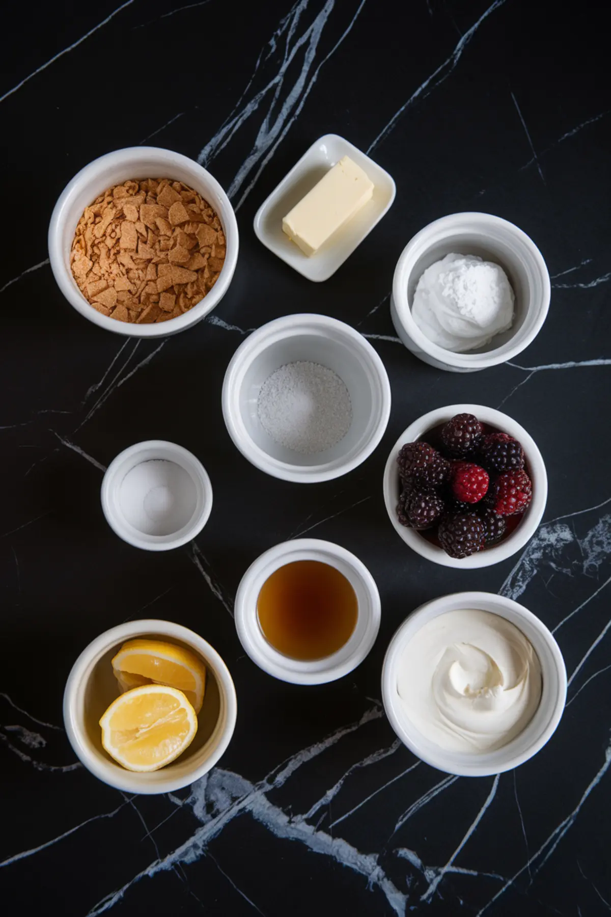 Flat lay of ingredients for no-bake mini blackberry cheesecakes, including crushed graham crackers, butter, powdered sugar, salt, lemon wedges, vanilla extract, blackberries, and cream cheese, all arranged in white bowls on a black marble surface.