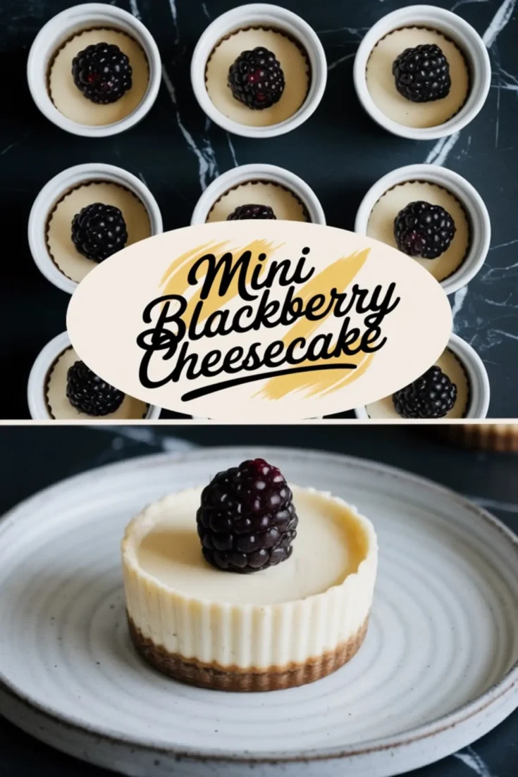Collage showing mini blackberry cheesecakes in ramekins with blackberries on top and a close-up of one cheesecake on a ceramic plate, overlaid with text “Mini Blackberry Cheesecake.”
