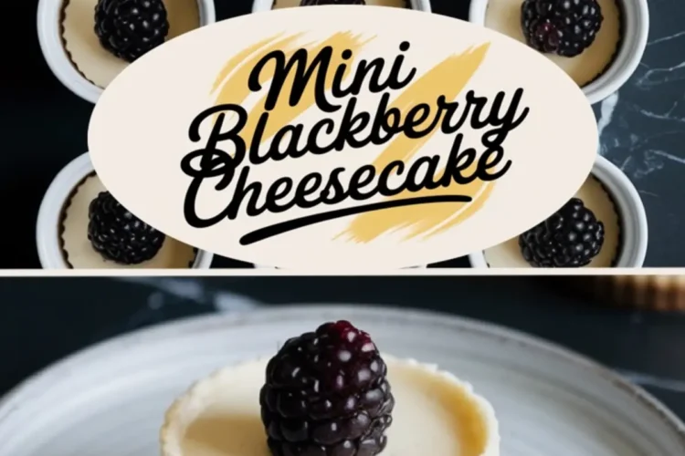Collage showing mini blackberry cheesecakes in ramekins with blackberries on top and a close-up of one cheesecake on a ceramic plate, overlaid with text “Mini Blackberry Cheesecake.”