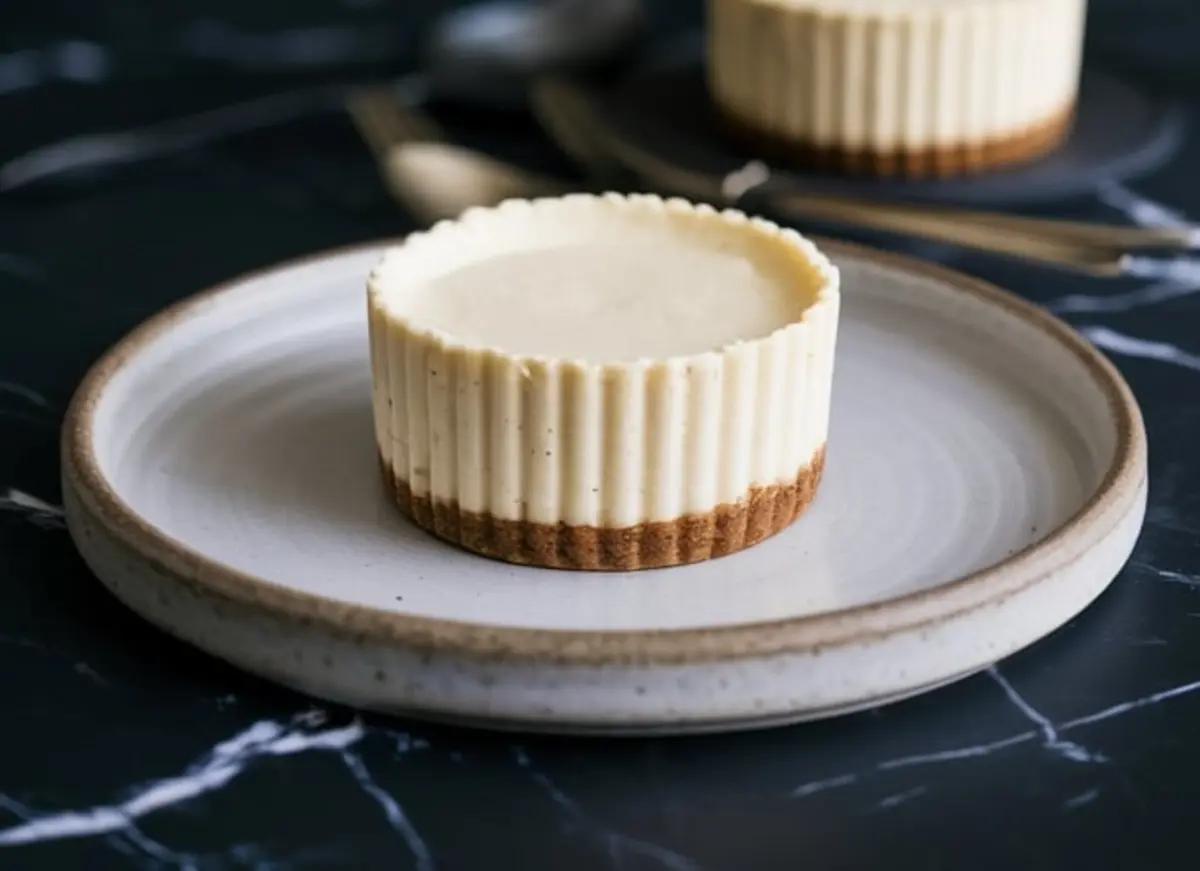 Close-up of a plain no-bake mini cheesecake with graham cracker crust, served on a ceramic plate, showing the smooth, creamy texture and scalloped edge detailing.