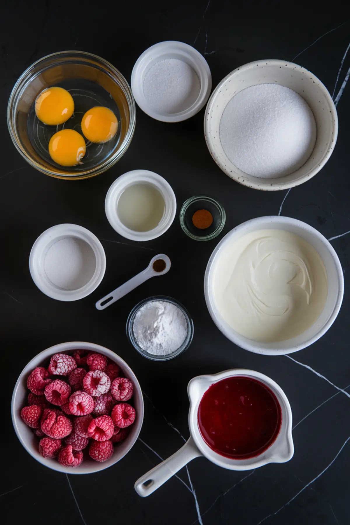 Flat lay of baking ingredients for mini pavlovas on a dark marble surface. Includes egg yolks in a glass bowl, bowls of sugar, cream, lemon juice, cinnamon, vanilla extract, cornstarch, frozen raspberries, and a white pitcher filled with raspberry sauce.