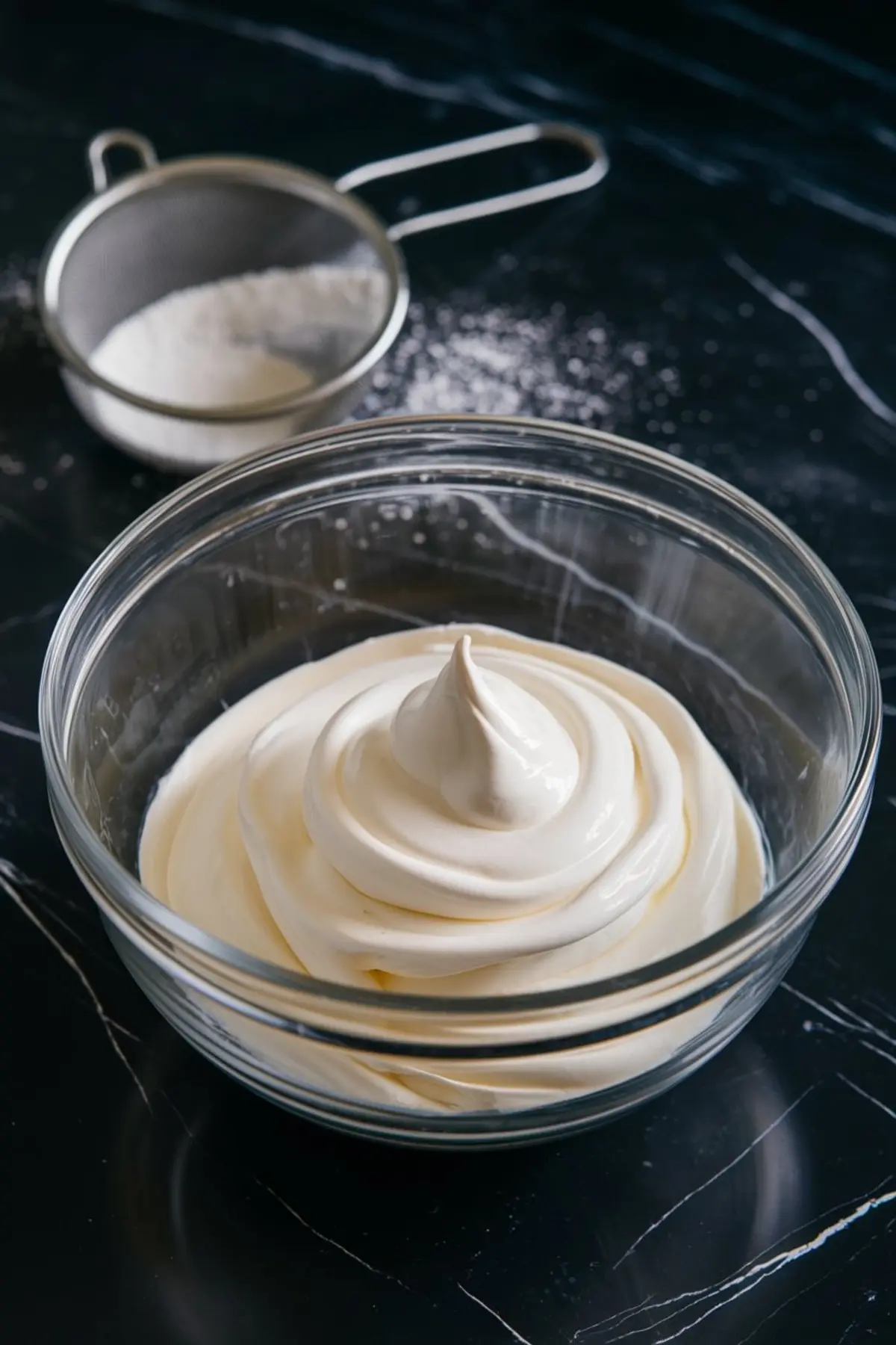 Glass bowl filled with thick, glossy whipped meringue with a tall peak in the center, sitting on a black marble surface with a metal sifter and powdered sugar in the background. Step in making pavlova meringue base.