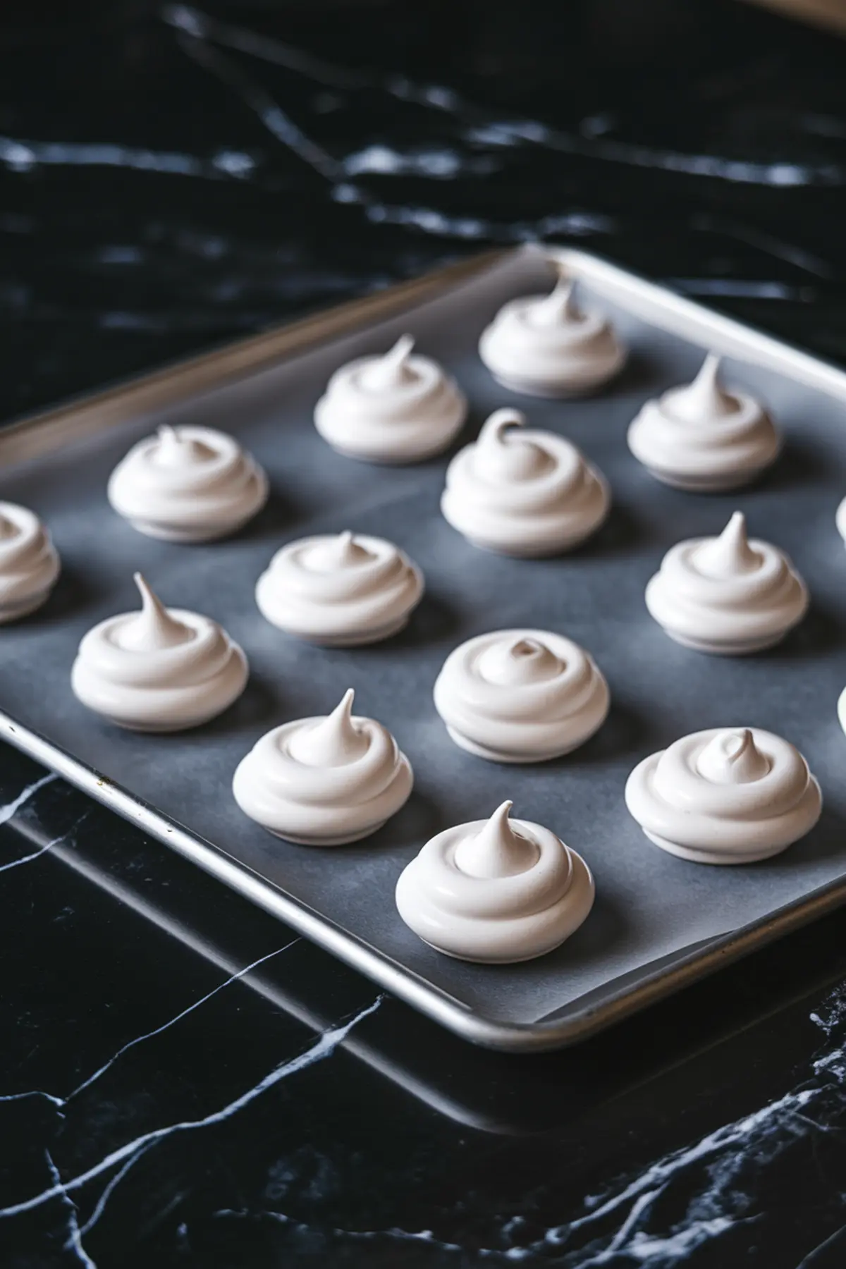 Baking tray lined with parchment paper holding rows of piped meringue nests, ready to bake. Each nest has a swirl shape with a pointed top. Shot on a dark kitchen countertop.