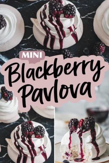 Collage featuring mini blackberry pavlovas with crisp meringue bases, swirls of whipped cream, and blackberry sauce, garnished with fresh berries. Includes a close-up of a pavlova with a bite taken out, revealing its airy center and vibrant berry filling.