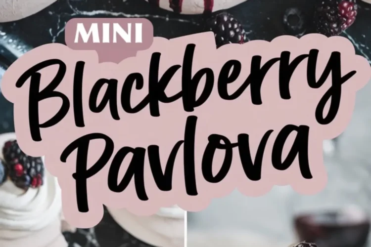 Collage featuring mini blackberry pavlovas with crisp meringue bases, swirls of whipped cream, and blackberry sauce, garnished with fresh berries. Includes a close-up of a pavlova with a bite taken out, revealing its airy center and vibrant berry filling.
