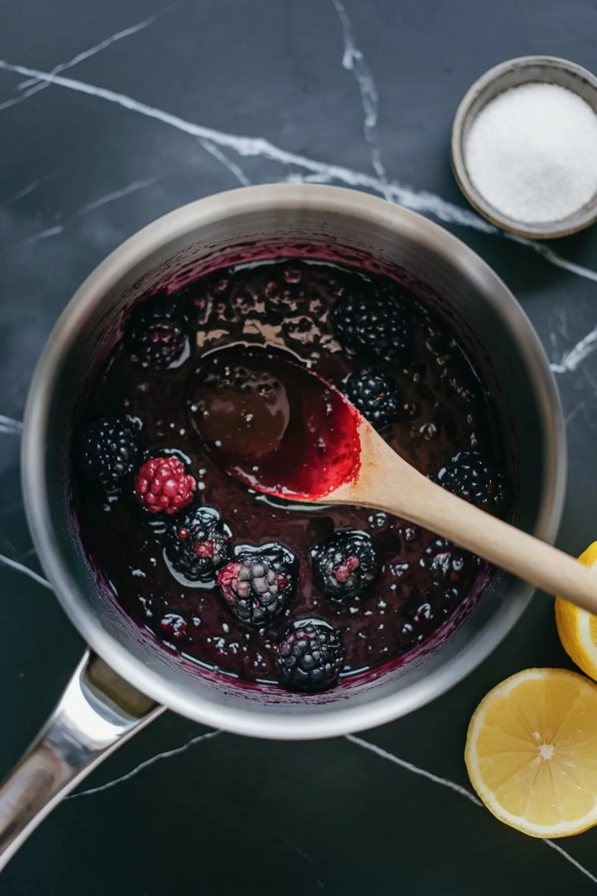 Saucepan filled with simmering blackberry compote made from fresh blackberries and raspberries, stirred with a wooden spoon. Lemon halves and sugar bowl are visible nearby on the black marble counter.
