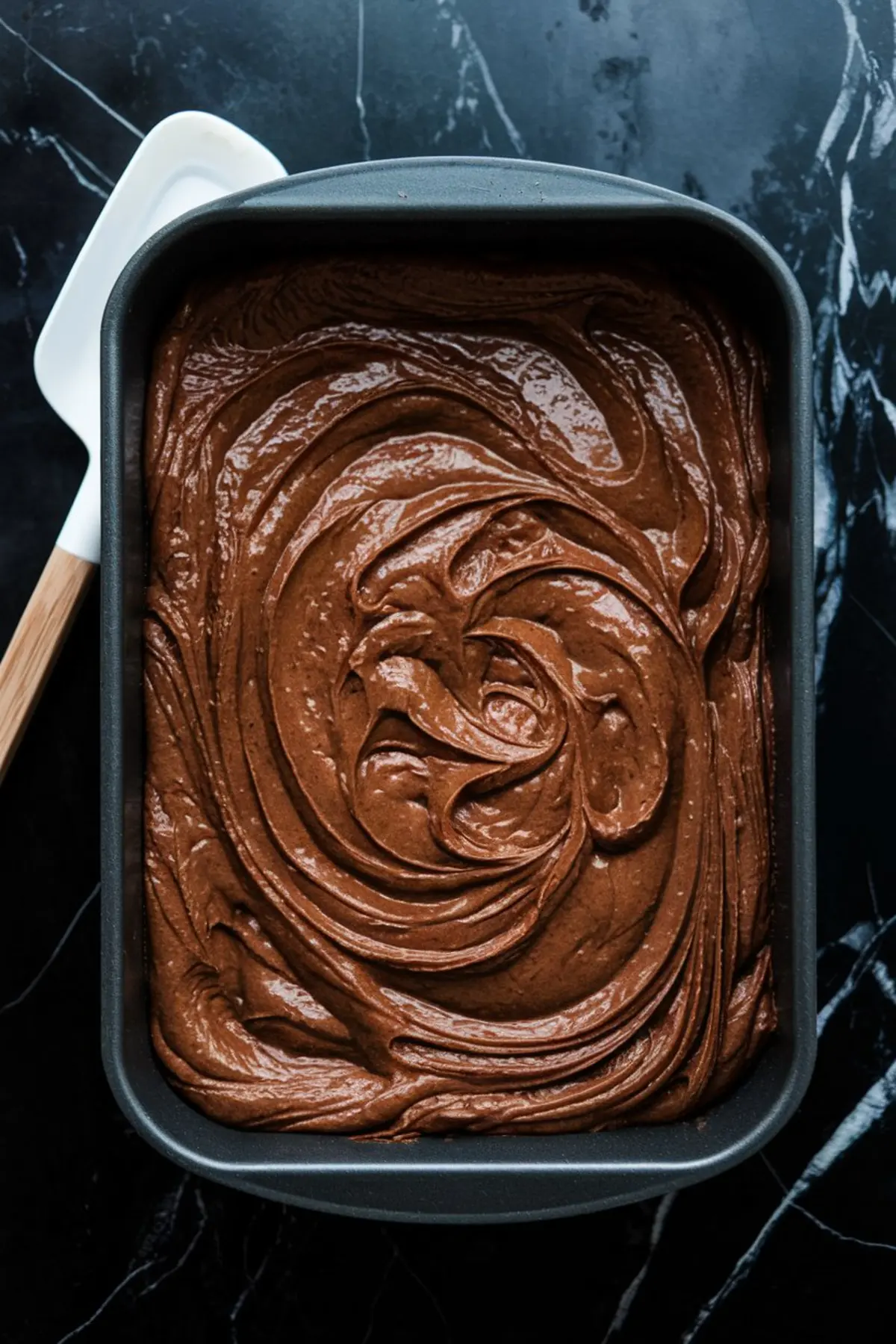 A baking pan filled with glossy, swirled chocolate brownie batter, ready to be baked, placed on a dark marble countertop.