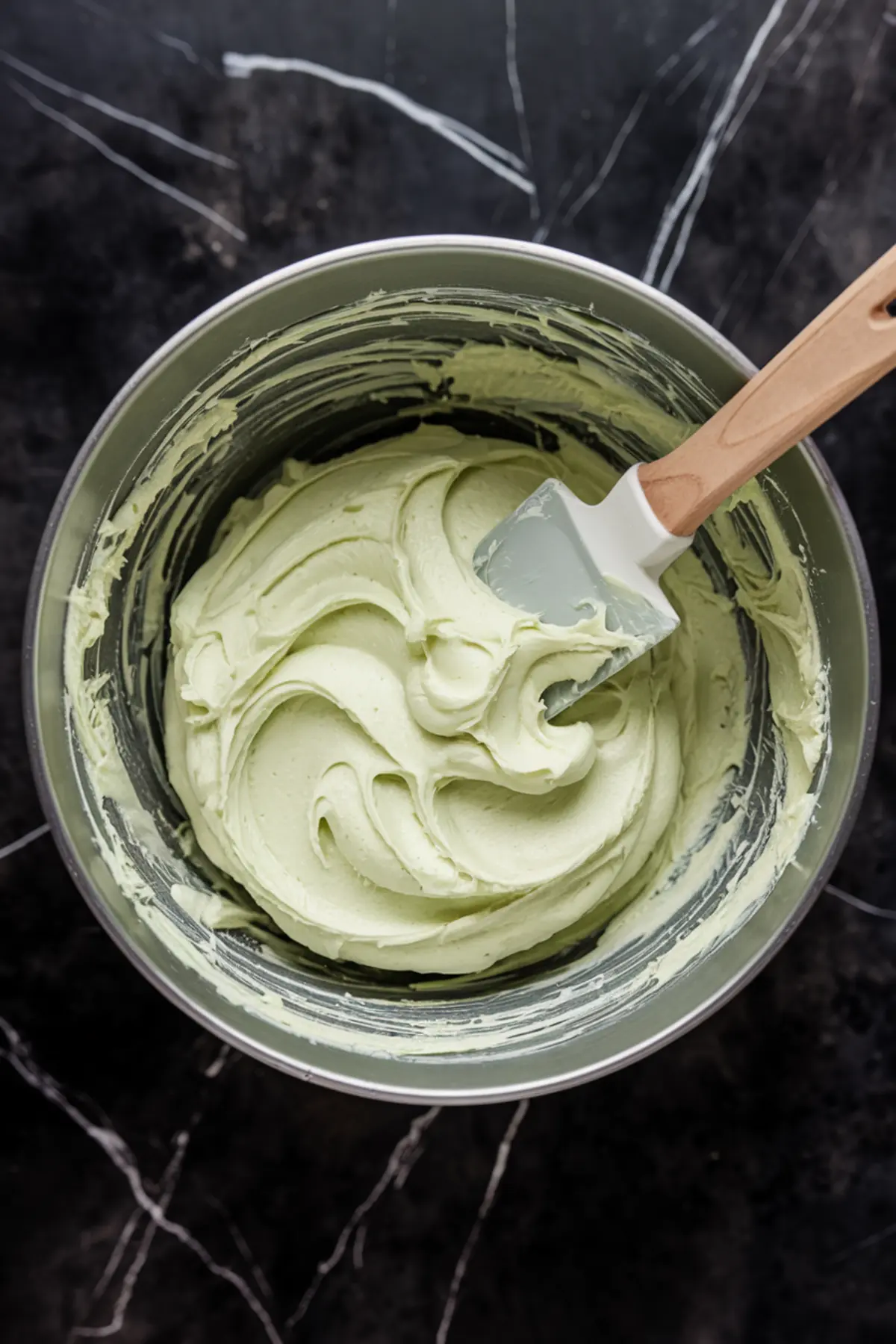 A stainless steel bowl filled with creamy, pale green mint frosting, with a silicone spatula resting on the side, showing the smooth whipped texture.