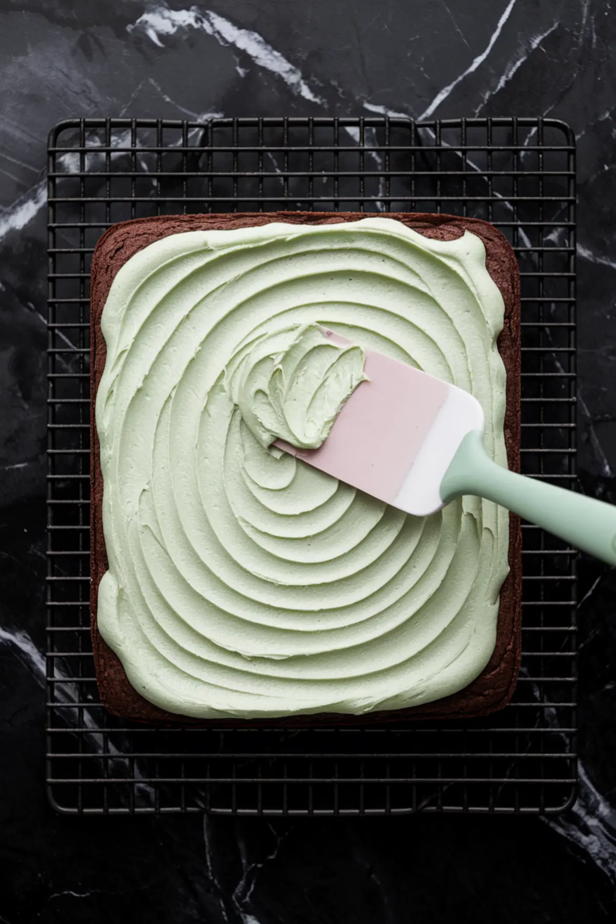 A square chocolate brownie cooling on a black wire rack, being frosted with mint buttercream using a pastel green spatula, creating a smooth, swirled pattern.