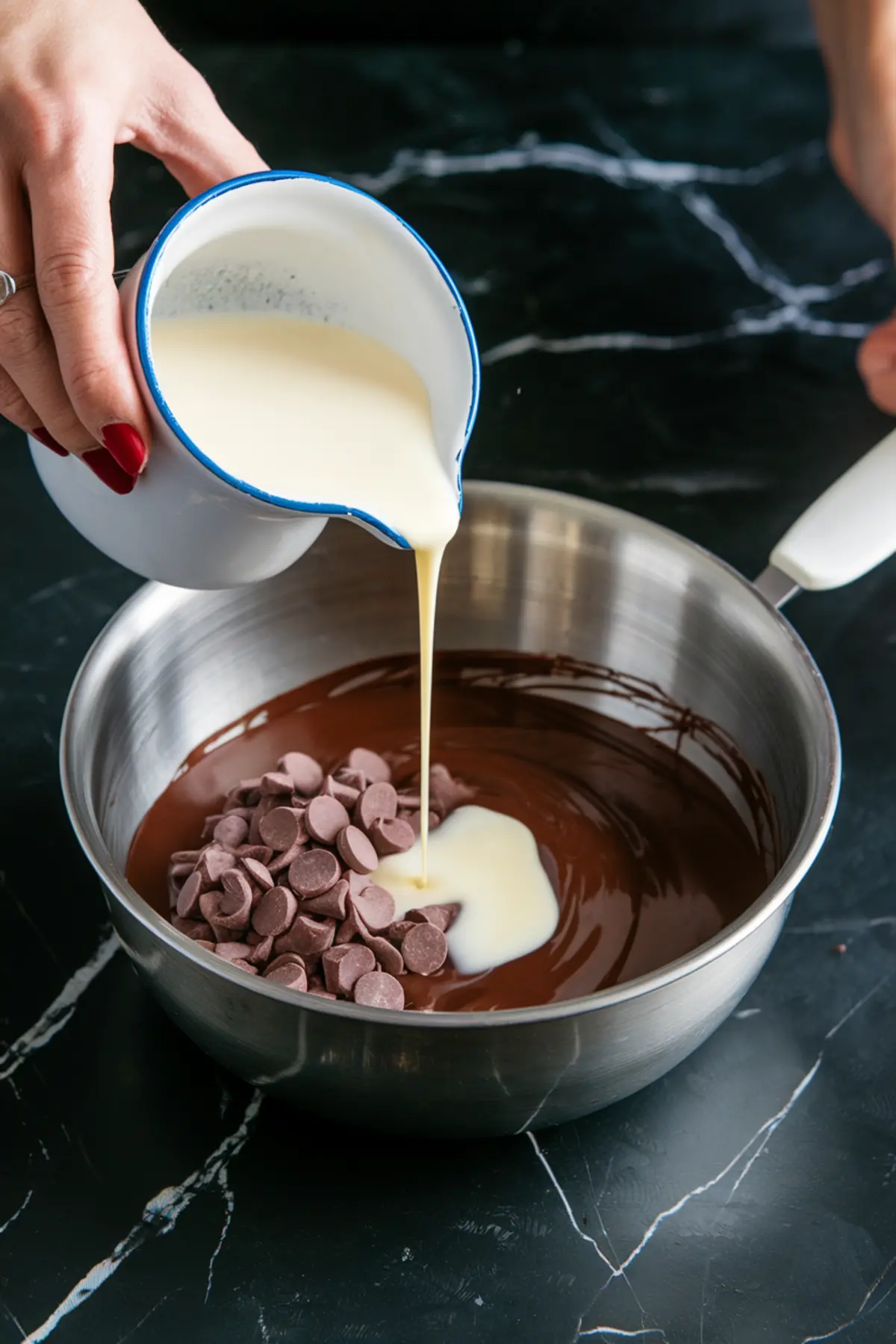 A close-up of a hand pouring warm cream into a stainless steel bowl of melted chocolate and chocolate chips, preparing a silky chocolate ganache.