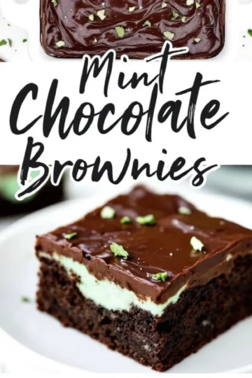 A slice of mint chocolate brownie on a white plate, featuring a fudgy brownie base, a thick layer of mint frosting, and a glossy chocolate ganache topping, garnished with fresh mint leaves. The image includes bold text reading “Mint Chocolate Brownies.”