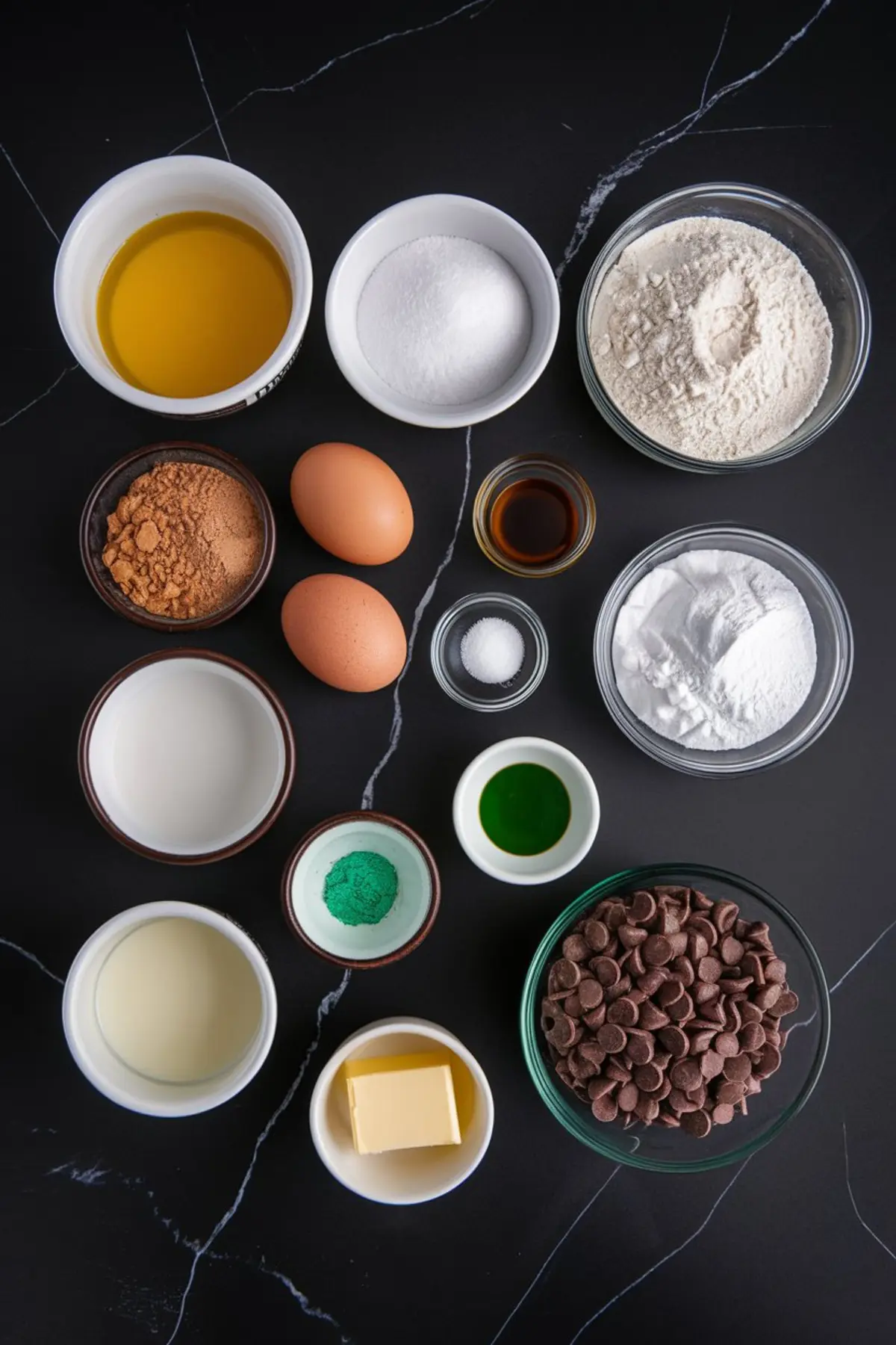 A flat lay of baking ingredients arranged on a black marble surface, including flour, sugar, eggs, cocoa powder, chocolate chips, vanilla extract, butter, green food coloring, and other essentials for making mint chocolate brownies.