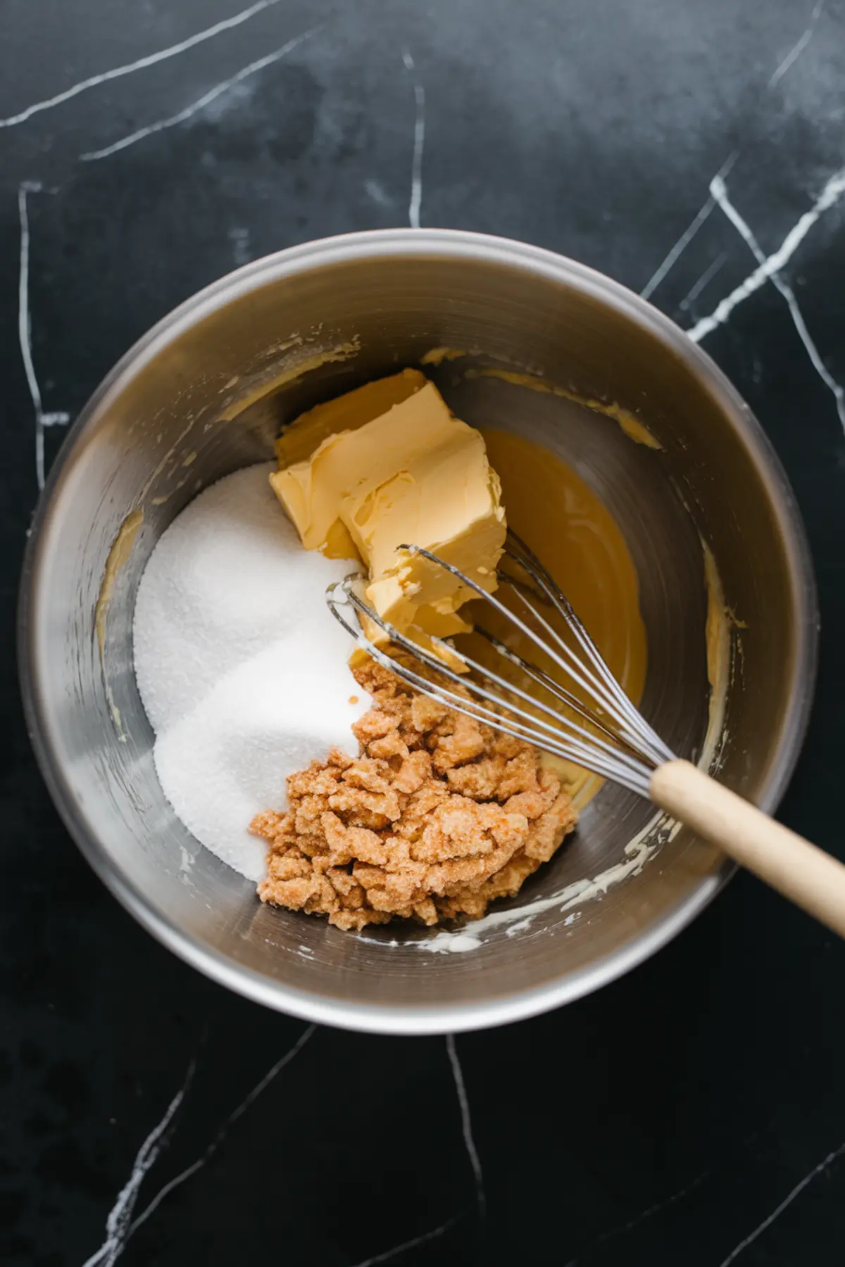 A stainless steel mixing bowl containing butter, sugar, and cocoa powder, with a whisk resting inside, showing the creaming process for brownie batter.