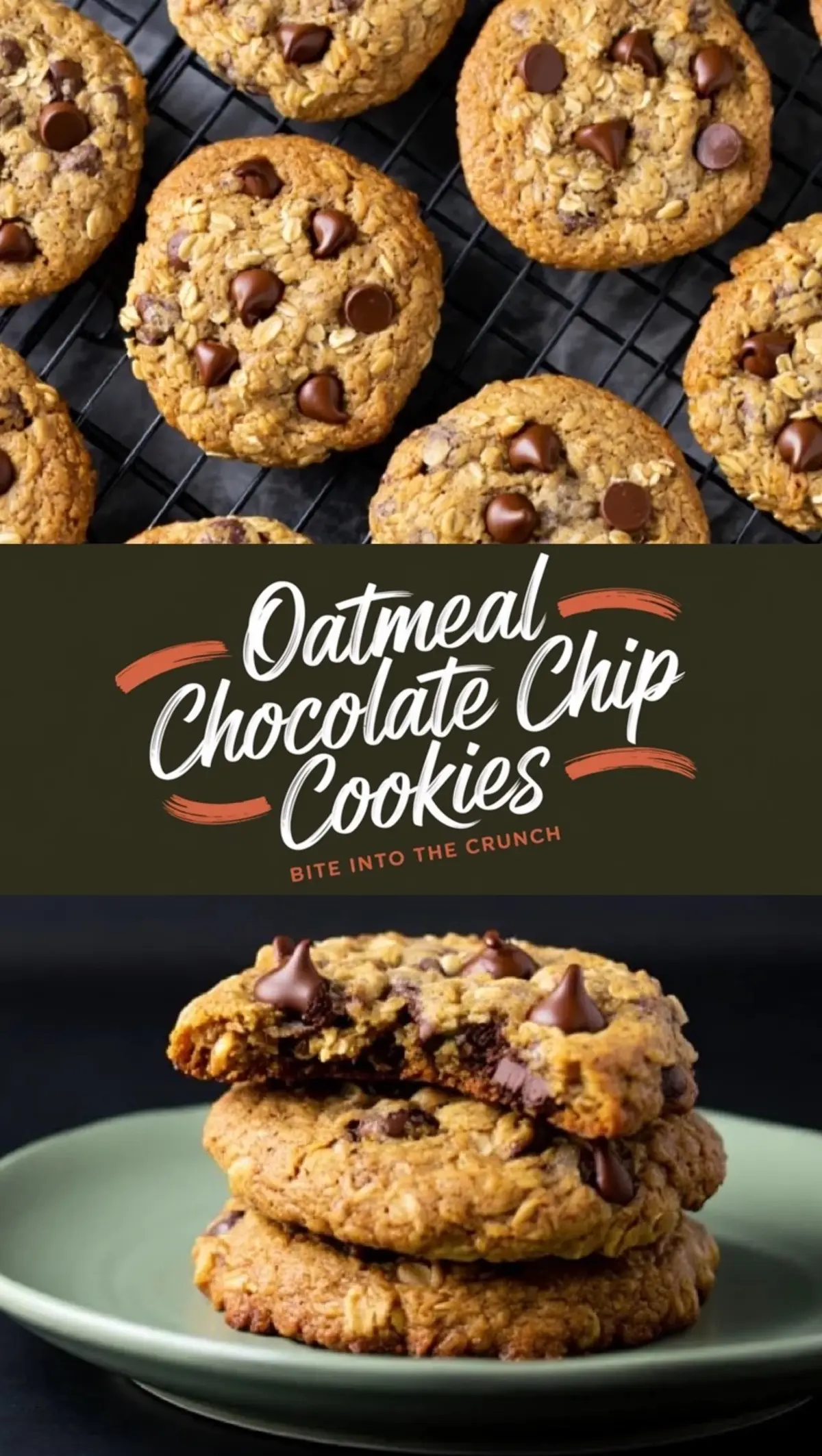 Top image captures golden brown oatmeal chocolate chip cookies on a cooling rack, with melty chocolate chips scattered on top. Bottom image shows a stack of cookies on a green plate with one broken open, highlighting the soft, chocolate-filled interior.
