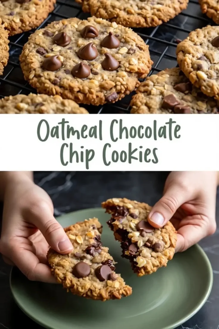 Top view shows freshly baked oatmeal chocolate chip cookies cooling on a wire rack, loaded with melty chocolate chips and golden oats. Bottom view features hands breaking apart a gooey cookie on a green plate, revealing the warm chocolate center.