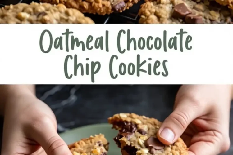 Top view shows freshly baked oatmeal chocolate chip cookies cooling on a wire rack, loaded with melty chocolate chips and golden oats. Bottom view features hands breaking apart a gooey cookie on a green plate, revealing the warm chocolate center.