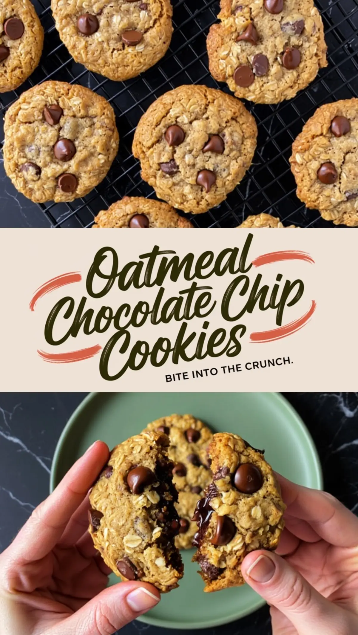 Top section shows evenly spaced oatmeal chocolate chip cookies cooling on a black wire rack. Bottom section shows hands splitting a freshly baked cookie in half over a green plate, revealing a gooey chocolate center and oats.