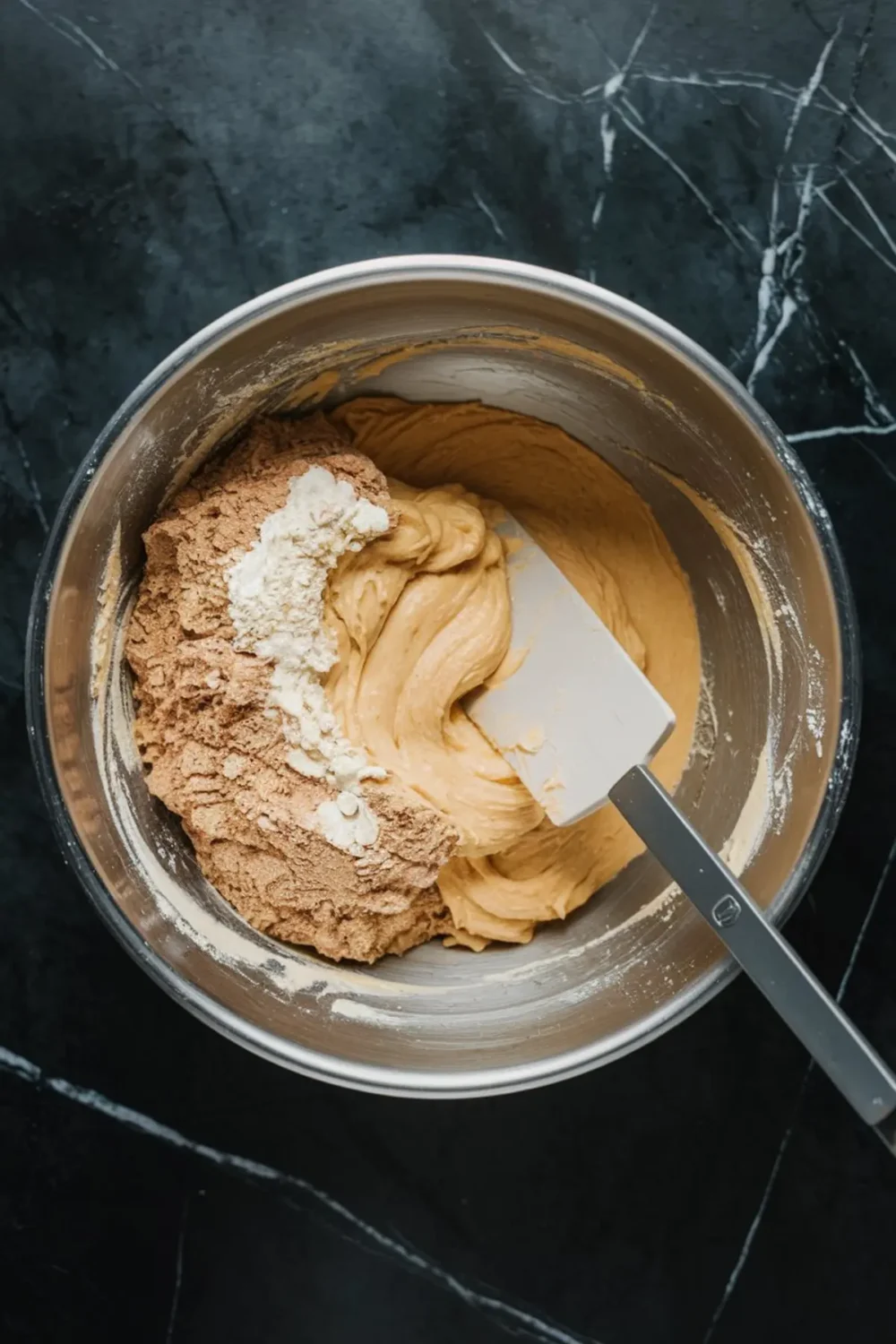 Overhead view of a metal mixing bowl with cookie batter being combined, showing thick creamy dough swirled with dry ingredients including flour and cinnamon, and a white spatula mid-mix.
