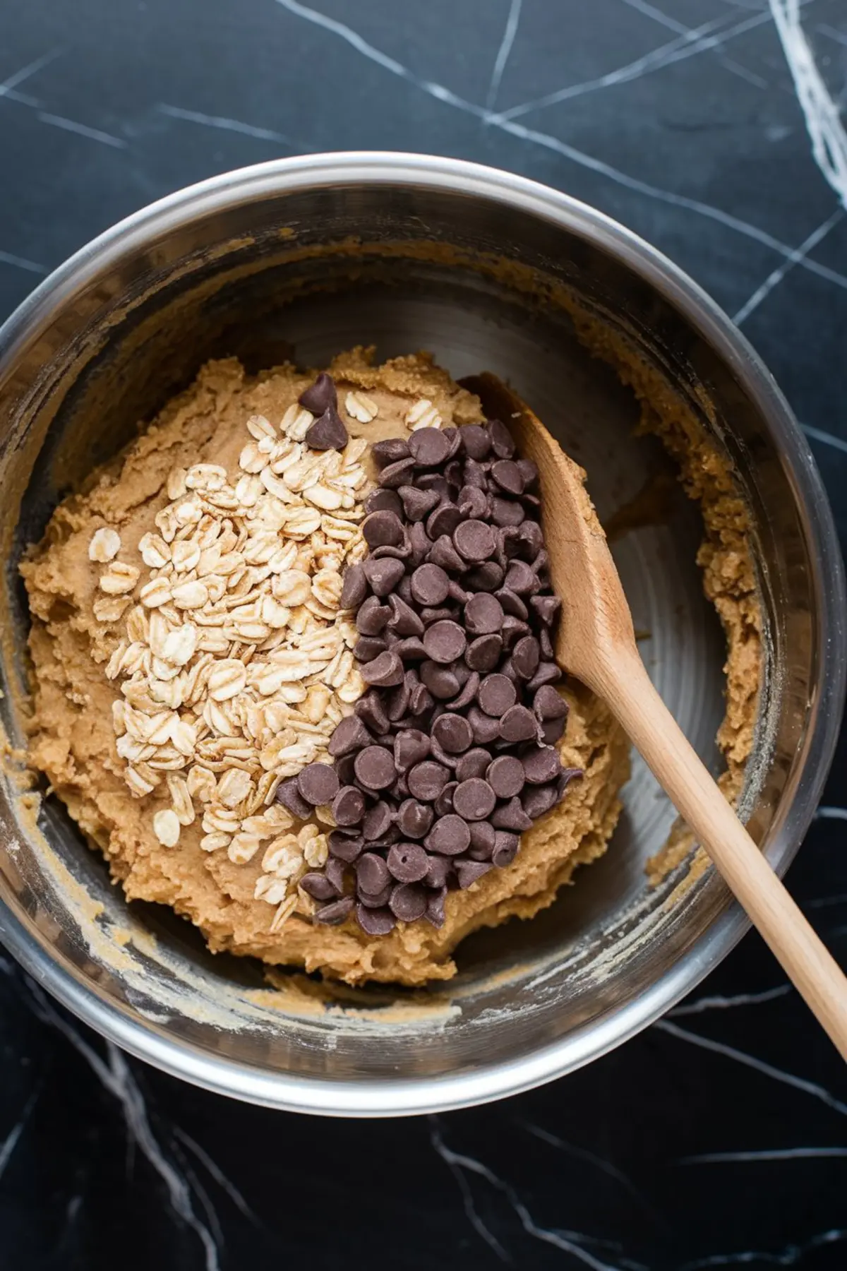 Stainless steel mixing bowl with oatmeal cookie dough topped with a pile of rolled oats and semi-sweet chocolate chips, ready to be mixed with a wooden spoon.
