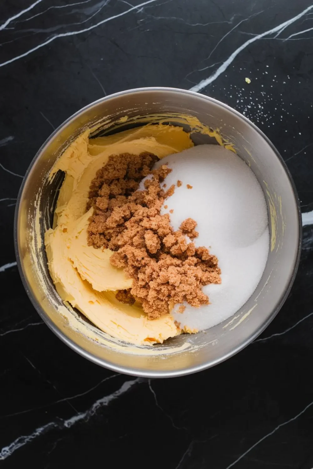 Metal mixing bowl filled with creamed butter and sugar mixture for oatmeal chocolate chip cookies, featuring a rich blend of softened butter, brown sugar, and white sugar.