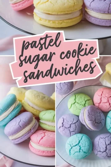 A collage of pastel sugar cookie sandwiches with a creamy vanilla filling. The cookies are in soft shades of pink, yellow, purple, green, and blue, with a cracked surface. The collage includes close-up shots on a glass plate and a top-down view of whole cookies. A pink text overlay reads “pastel sugar cookie sandwiches.”